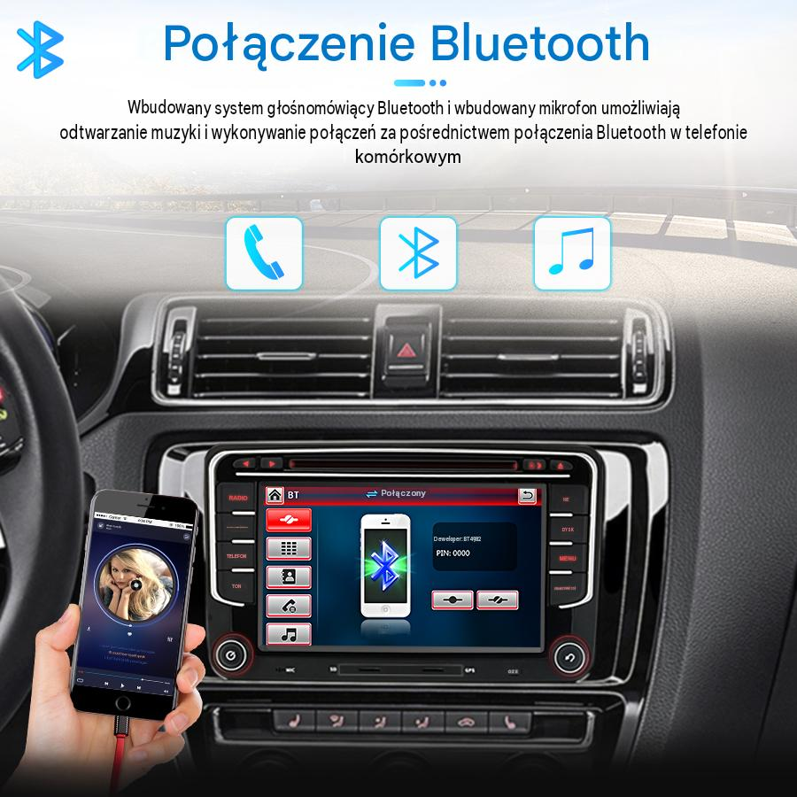 Smartfon odtwarza muzykę, a radio samochodowe pokazuje funkcje Bluetooth i obsługę połączeń.