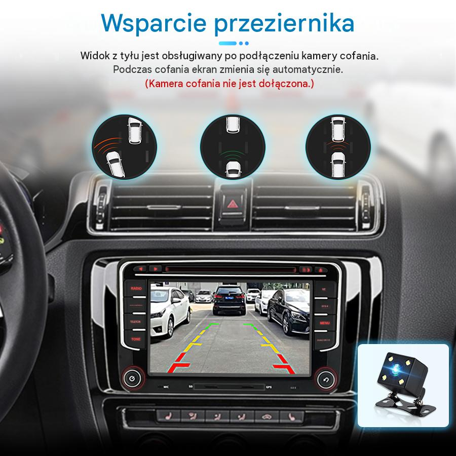 Deska rozdzielcza samochodu z ekranem multimedialnym pokazującym widok kamery cofania.