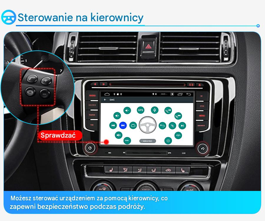 Wnętrze samochodu z systemem multimedialnym i sterowaniem na kierownicy.
