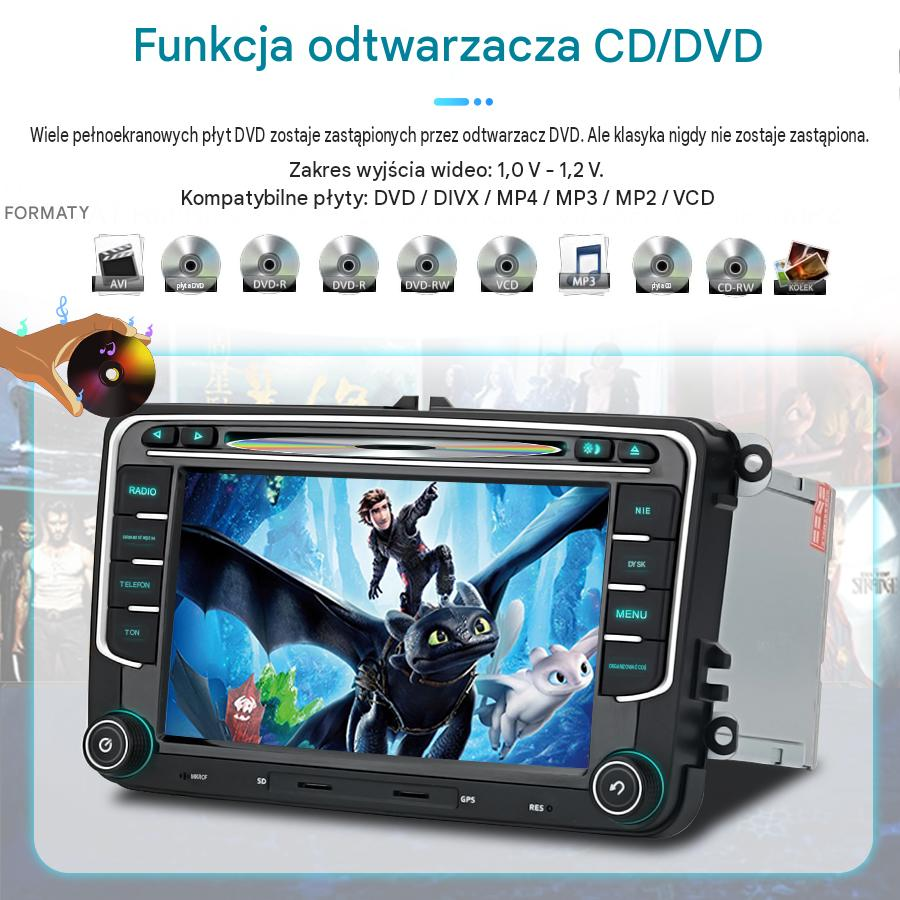 Samochodowy odtwarzacza multimedialny wyświetla animowaną scenę z polskim tekstem.