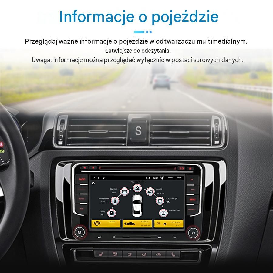 Wnętrze samochodu z systemem multimedialnym na desce rozdzielczej i widokiem na autostradę.