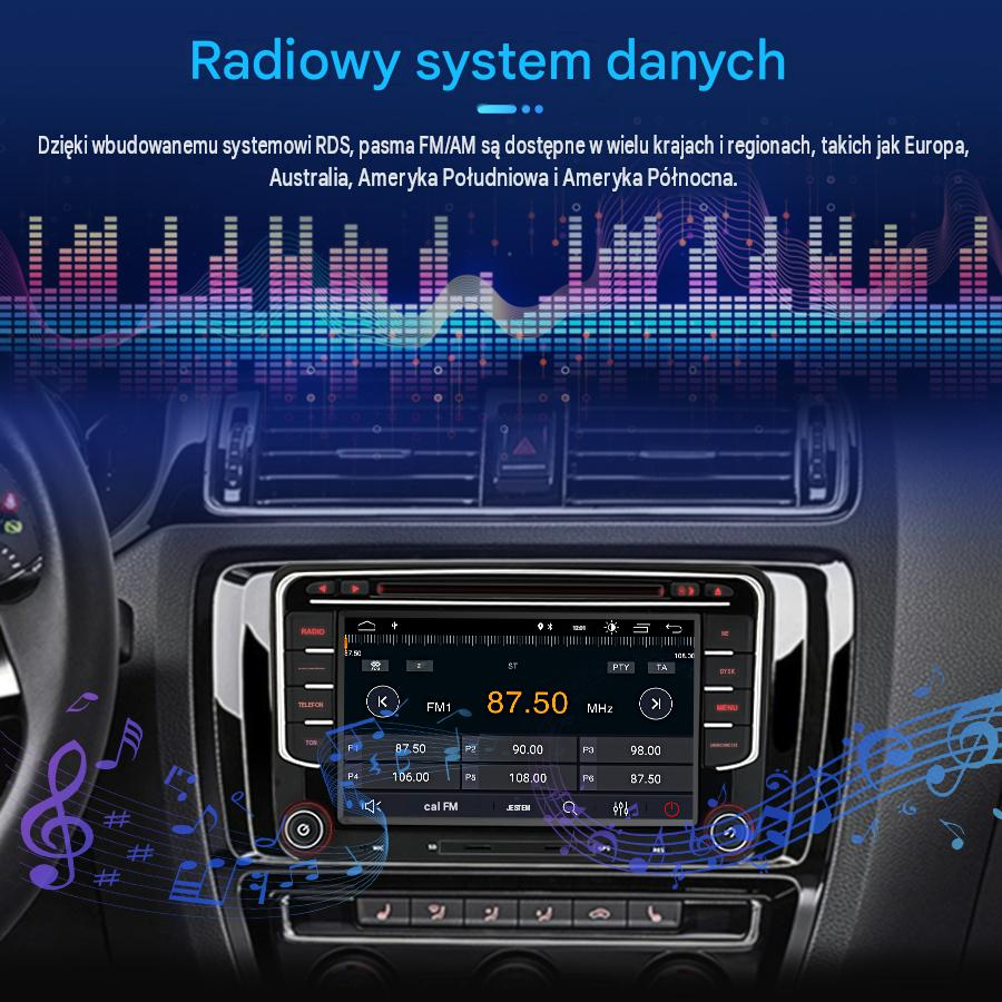 Samochodowy system audio w desce rozdzielczej z funkcją RDS i kolorową grafiką fal dźwiękowych.