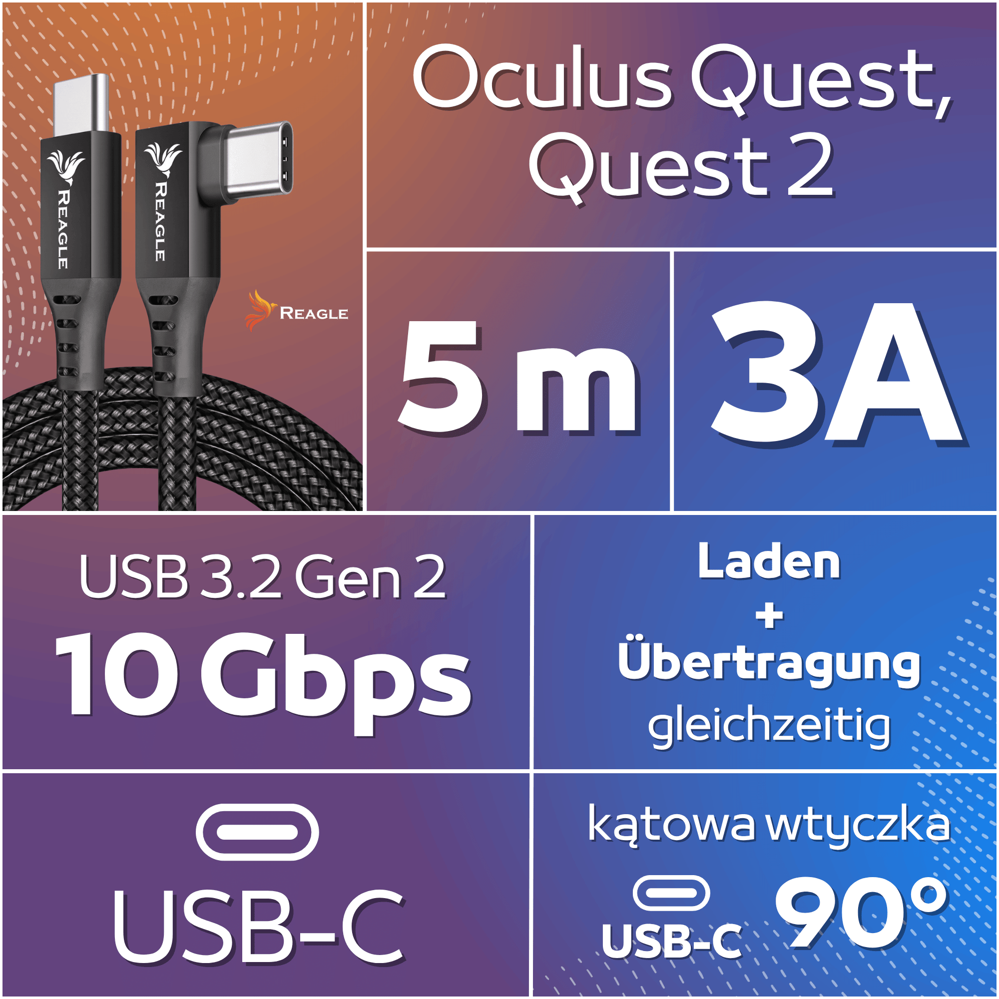 Czarny kabel USB-C Reagle, 5m długości, 3A, 10 Gbps, do Oculus Quest 2.