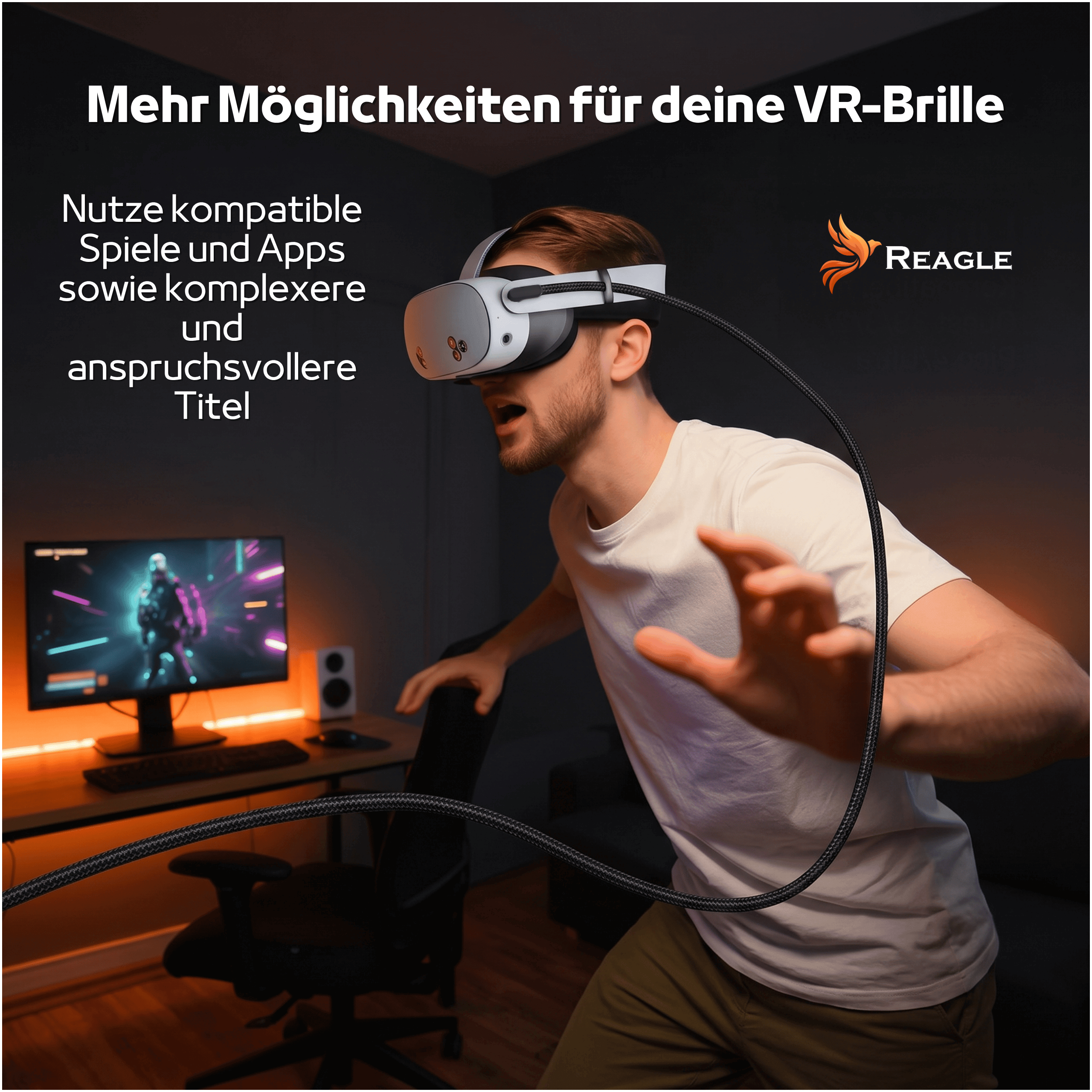 Mężczyzna w goglach VR z kablem bawi się w zaciemnionym pokoju.