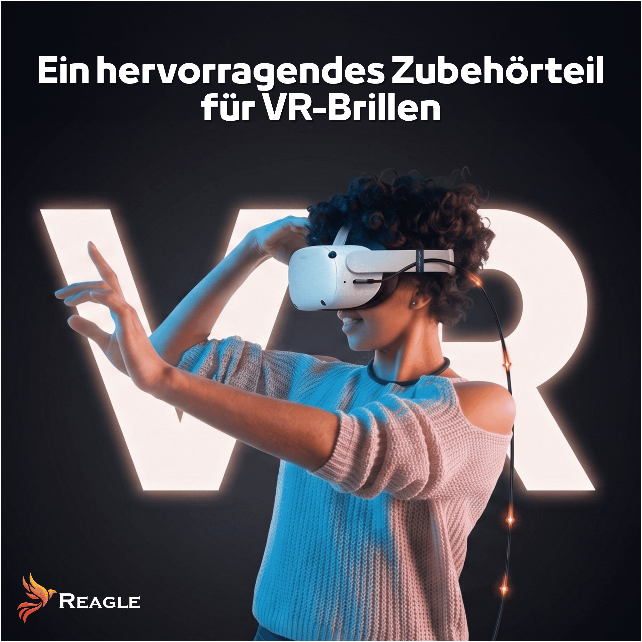 Osoba w goglach VR przed świecącym napisem VR.