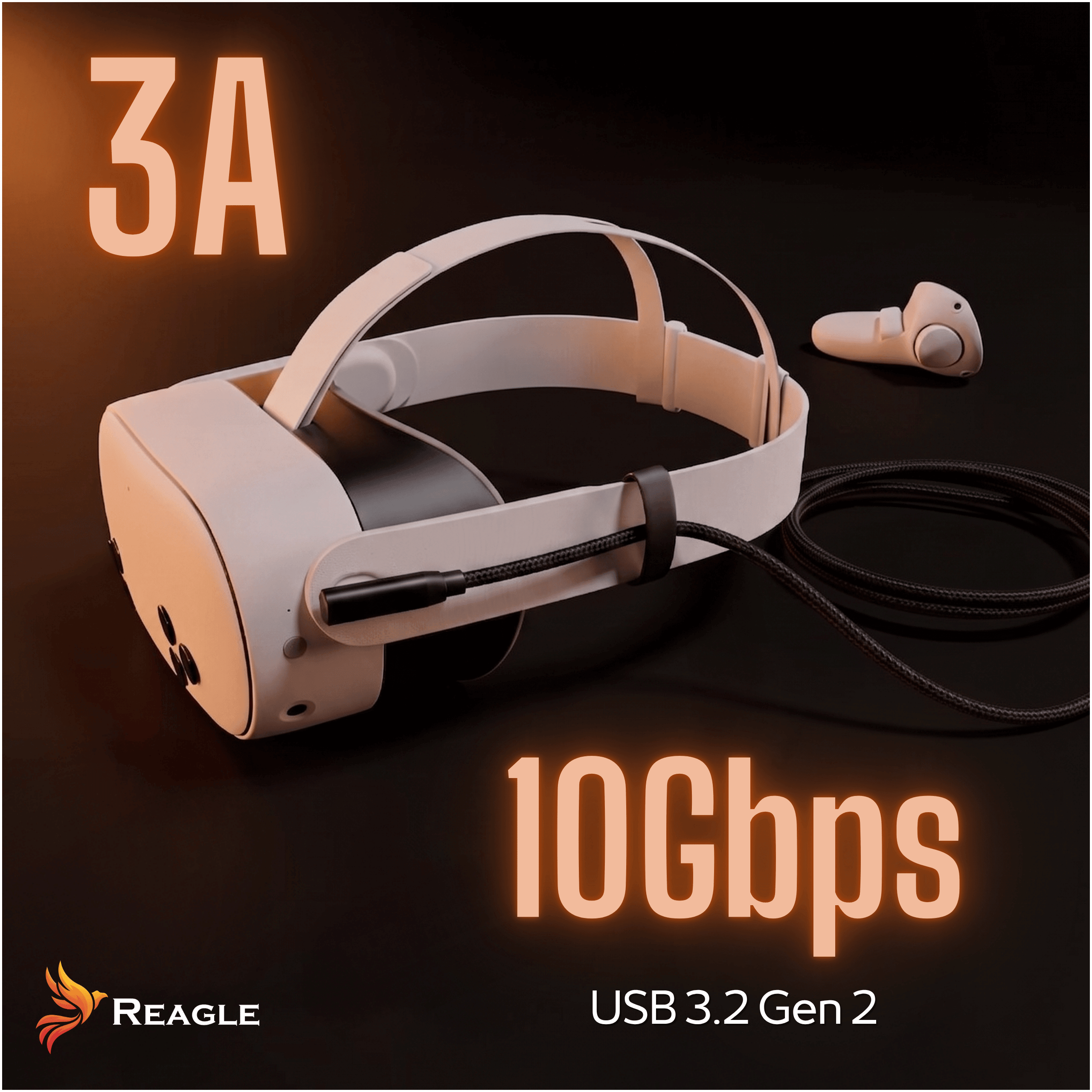 Białe gogle VR z kablem i kontrolerem na ciemnym tle, oznaczone jako 3A i 10 Gb/s.