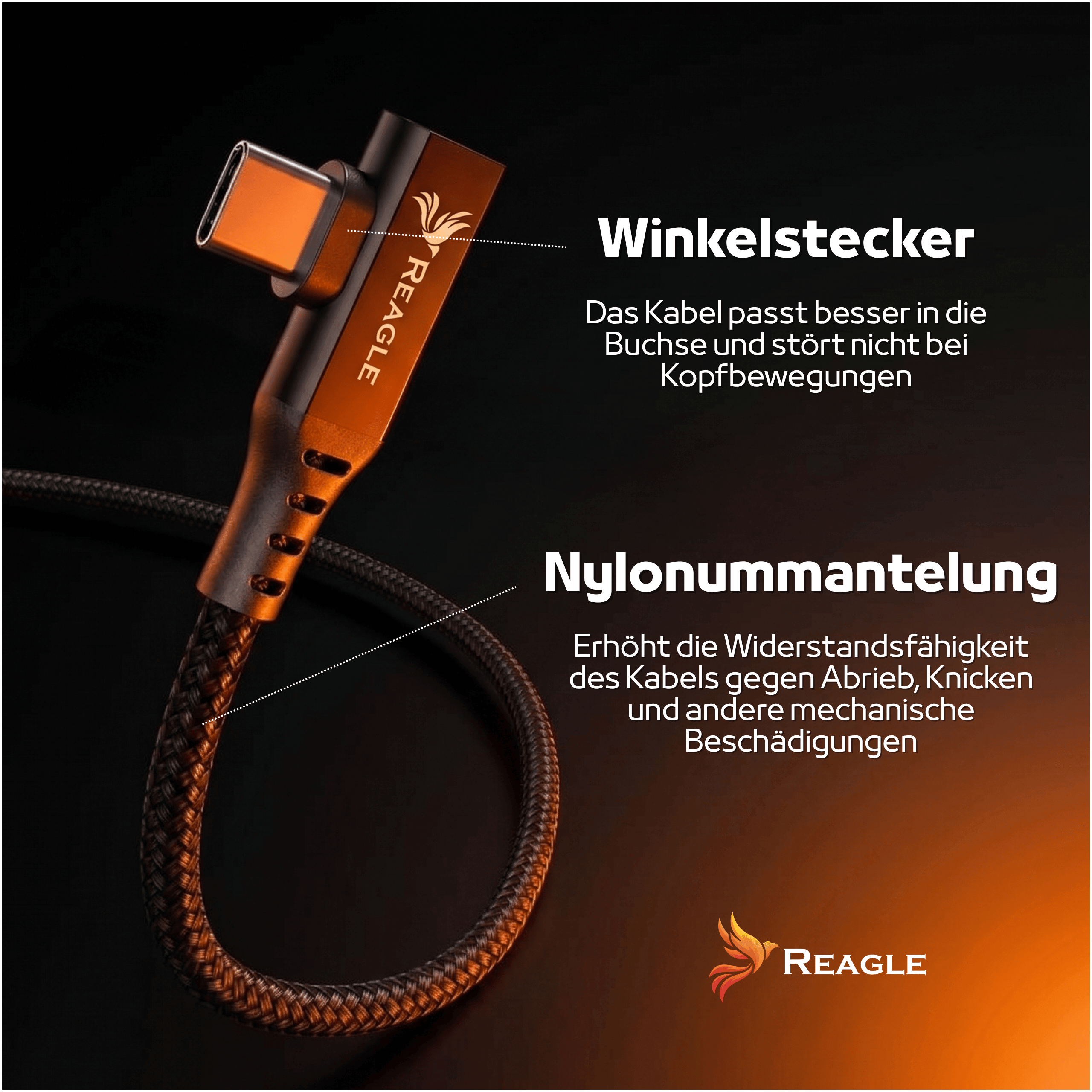 Kątowy kabel USB-C Reagle z nylonowym oplotem i logo marki na czarnym tle z niemieckimi opisami.