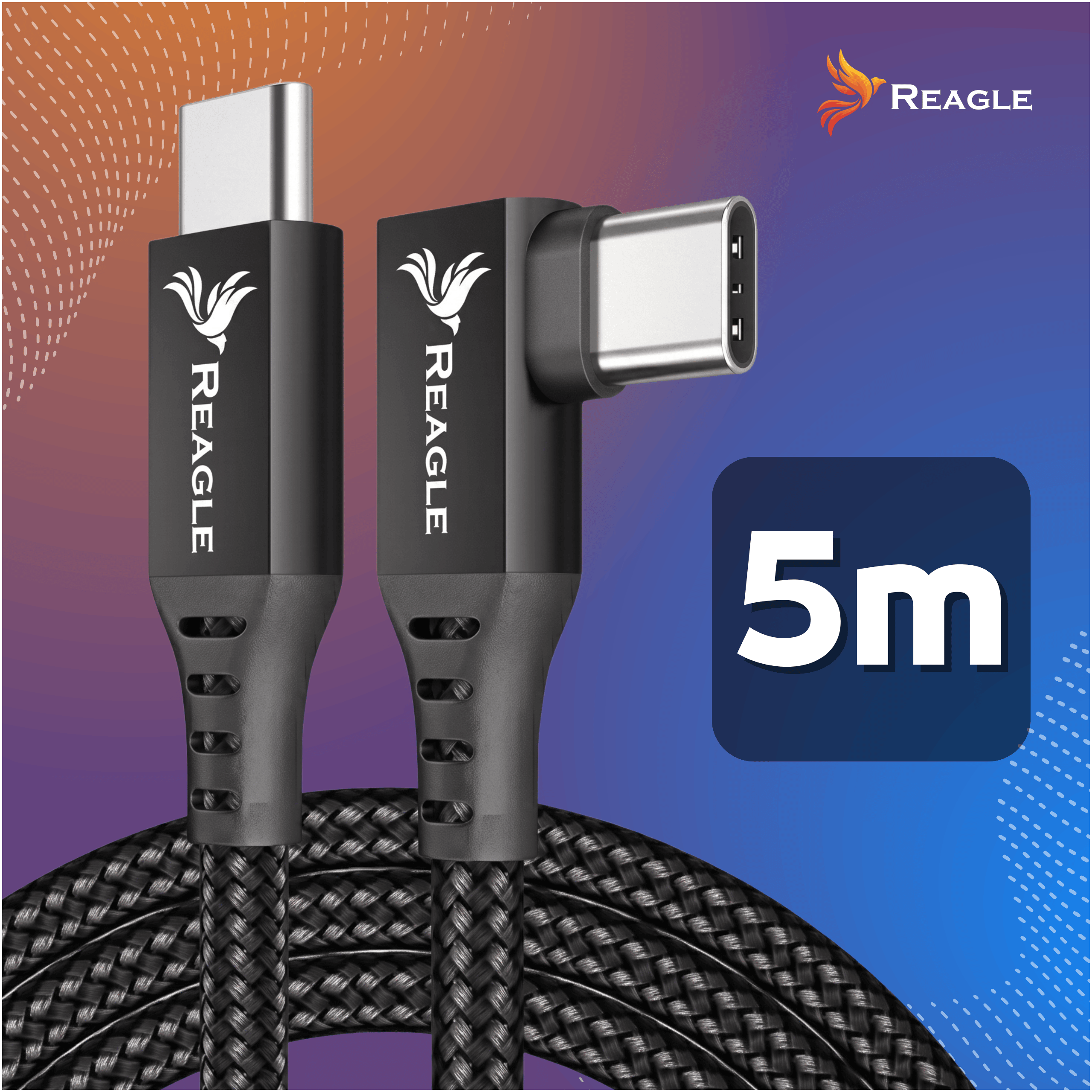 Dwa czarne kable USB-C Reagle o długości 5m na pomarańczowo-niebieskim tle.