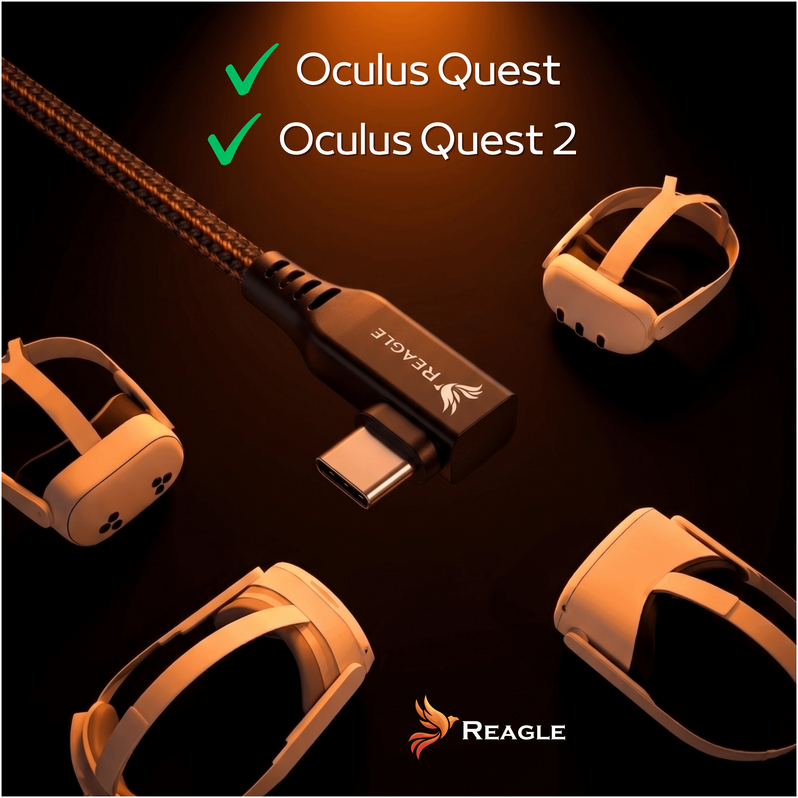 Czarny kabel USB-C Reagle i cztery białe gogle VR na ciemnym tle.