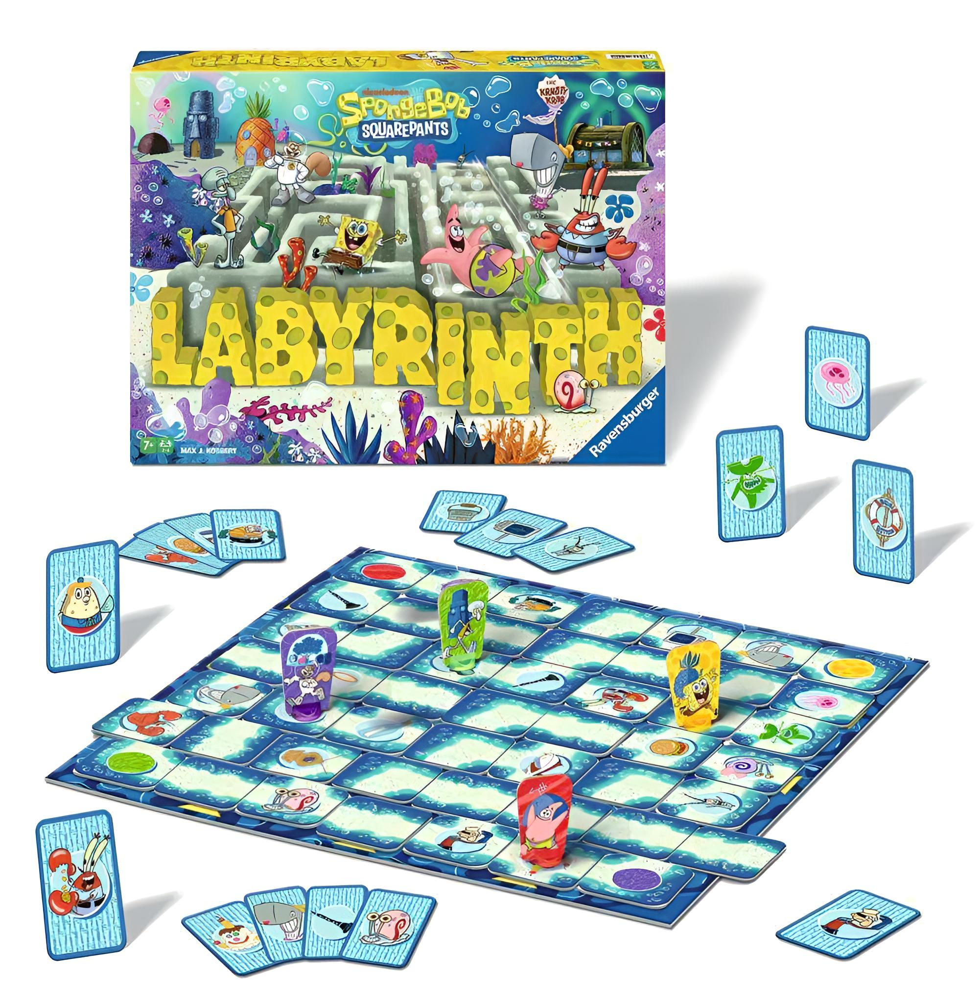SpongeBob Labyrinth Brettspiel mit bunten Figuren, Spielkarten und quadratischem Raster.