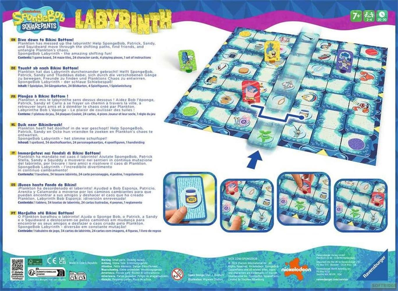 SpongeBob Labyrinth Brettspielverpackung mit Spielbrett, Karten und Figuren.
