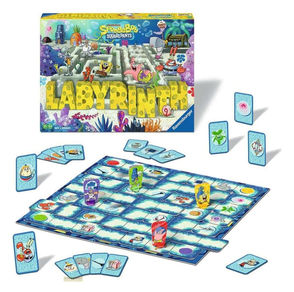 SpongeBob Labyrinth Brettspiel mit bunten Charakterkarten und Spielfiguren auf einer Spielunterlage.