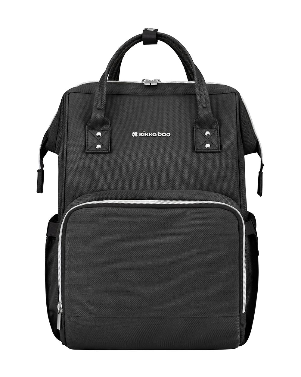 Schwarzer KikkaBoo Rucksack mit Reißverschlüssen, Fronttasche und oberen Tragegriffen auf hellem Hintergrund.