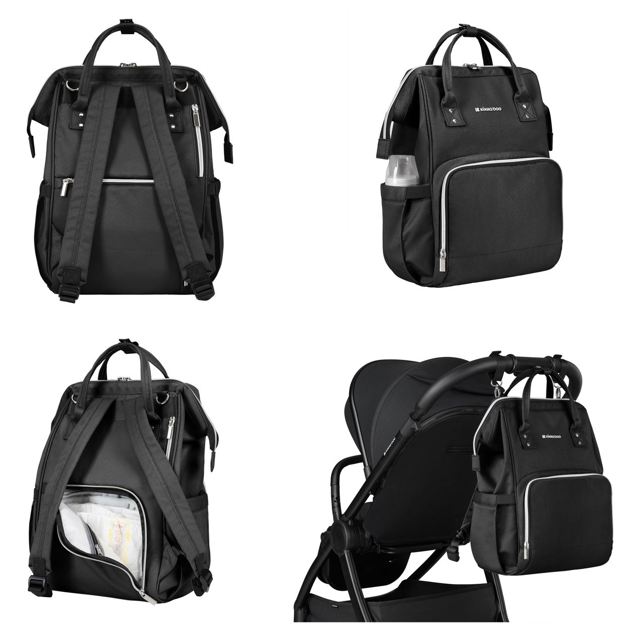 Vier Ansichten eines schwarzen Wickelrucksacks mit Reißverschlüssen, Flaschenhalter und Kinderwagenbefestigung.