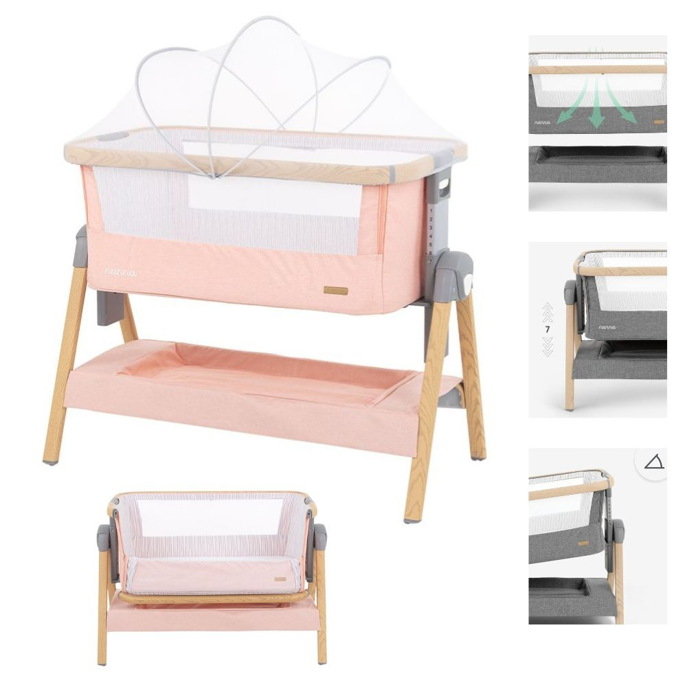 Ein rosafarbenes Babybett mit Holzbeinen, Moskitonetz und Ablagefläche unten, dazu drei Detailansichten.