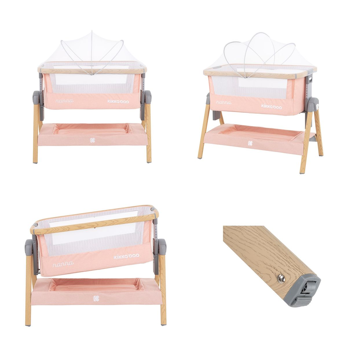 Vier Ansichten eines rosa Babybetts aus Holz mit Netzwand, Baldachin und unterem Ablagefach auf weißem Hintergrund.