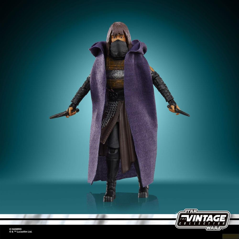 Eine Actionfigur in violettem Kapuzenumhang, Gesichtsmaske und dunkler Tunika mit zwei Dolchen vor tealblauem Hintergrund.