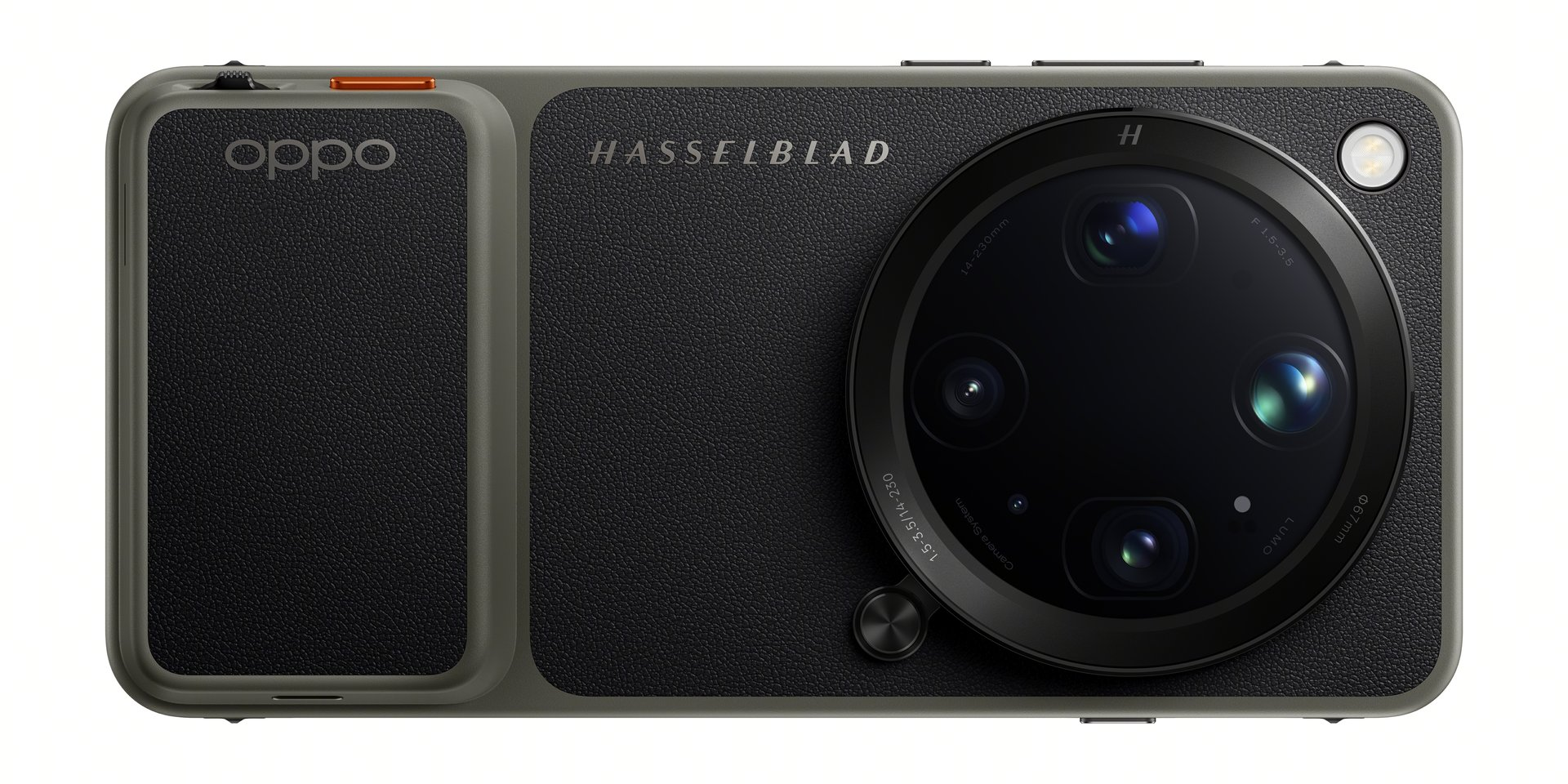 Graue Oppo Smartphone-Rückseite mit Hasselblad-Logo, Lederstruktur und großer runden Mehrfachkamera.