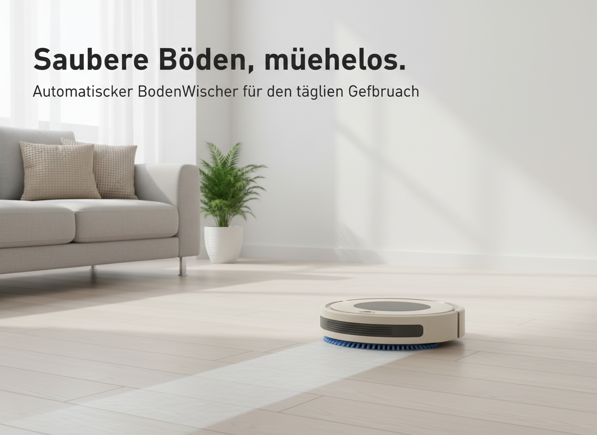 Ein weißer Roboterstaubsauger reinigt einen hellen Holzboden in einem minimalistischen Wohnzimmer.