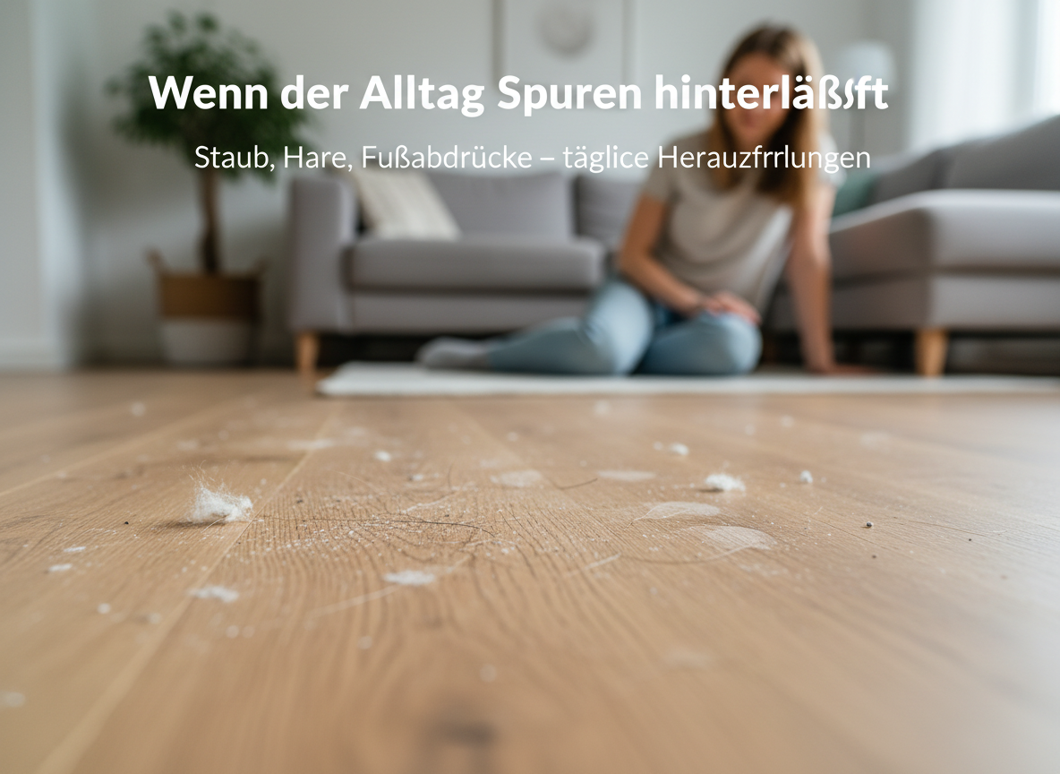 Holzboden mit Staub und Haaren im Vordergrund und eine Frau auf einem Sofa im unscharfen Hintergrund mit deutschem Text.