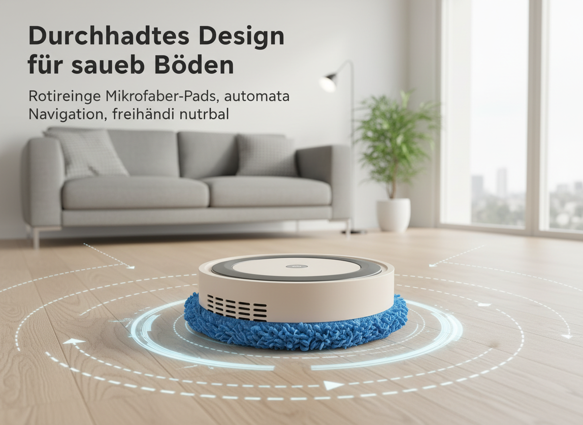 Ein Saugroboter mit blauen Mopp-Pads reinigt den Holzboden vor einem Sofa.