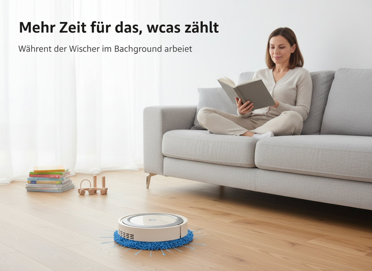 Eine Frau sitzt lesend auf einem Sofa, während ein Saugroboter auf dem Holzfußboden reinigt.