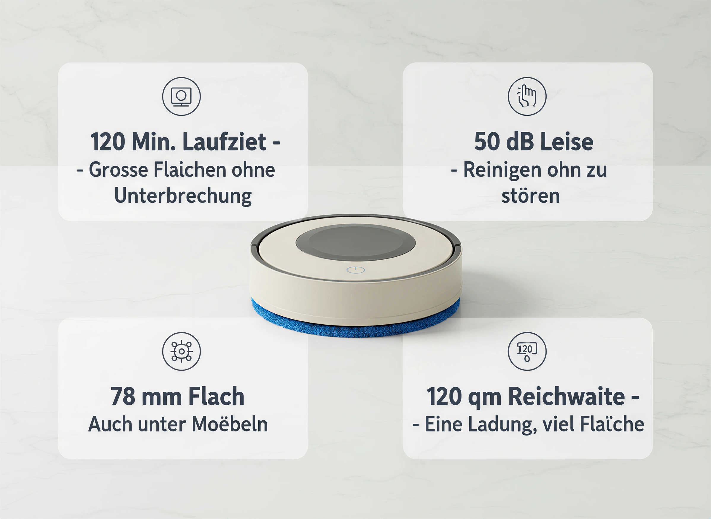 Beige Saugroboter in der Mitte mit vier umgebenden Infoboxen über Batterielaufzeit, Lautstärke, Höhe und Reichweite.