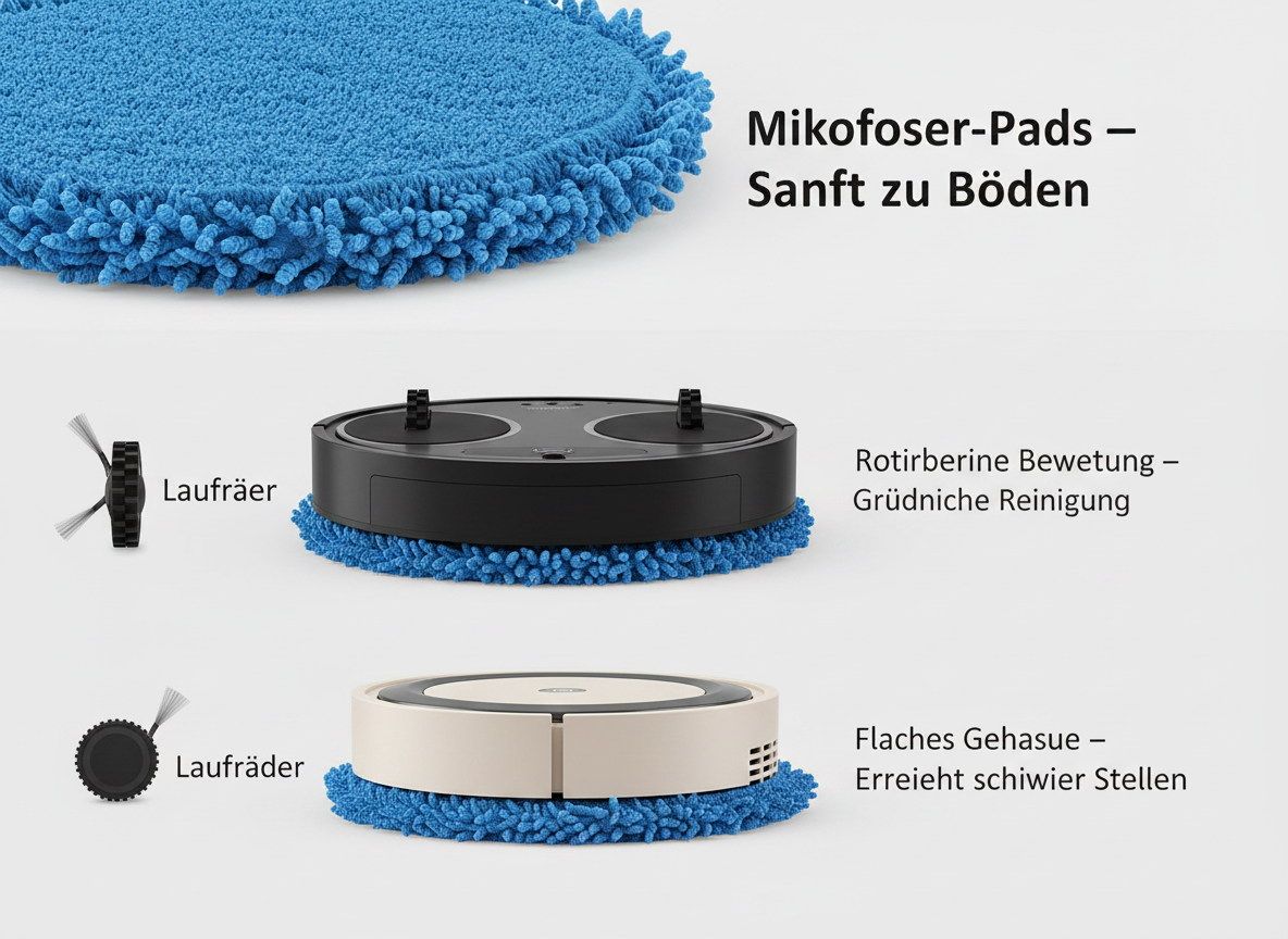 Ein blauer Mikrofasermopp und zwei Saugroboter mit blauen Pads auf weißem Grund mit deutschen Beschriftungen.