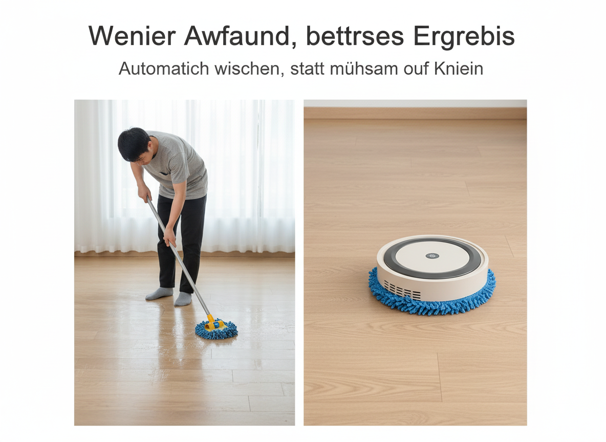 Vergleich zwischen manuellem Wischen mit einem Mopp und automatischem Wischen mit einem Roboter.