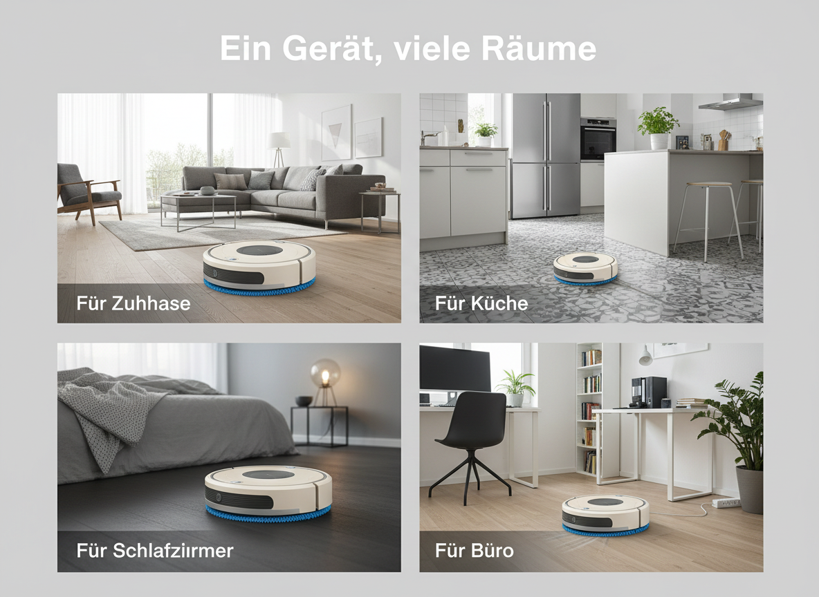 Ein weißer Saugroboter reinigt verschiedene Zimmer wie Wohnzimmer, Küche, Schlafzimmer und Büro.
