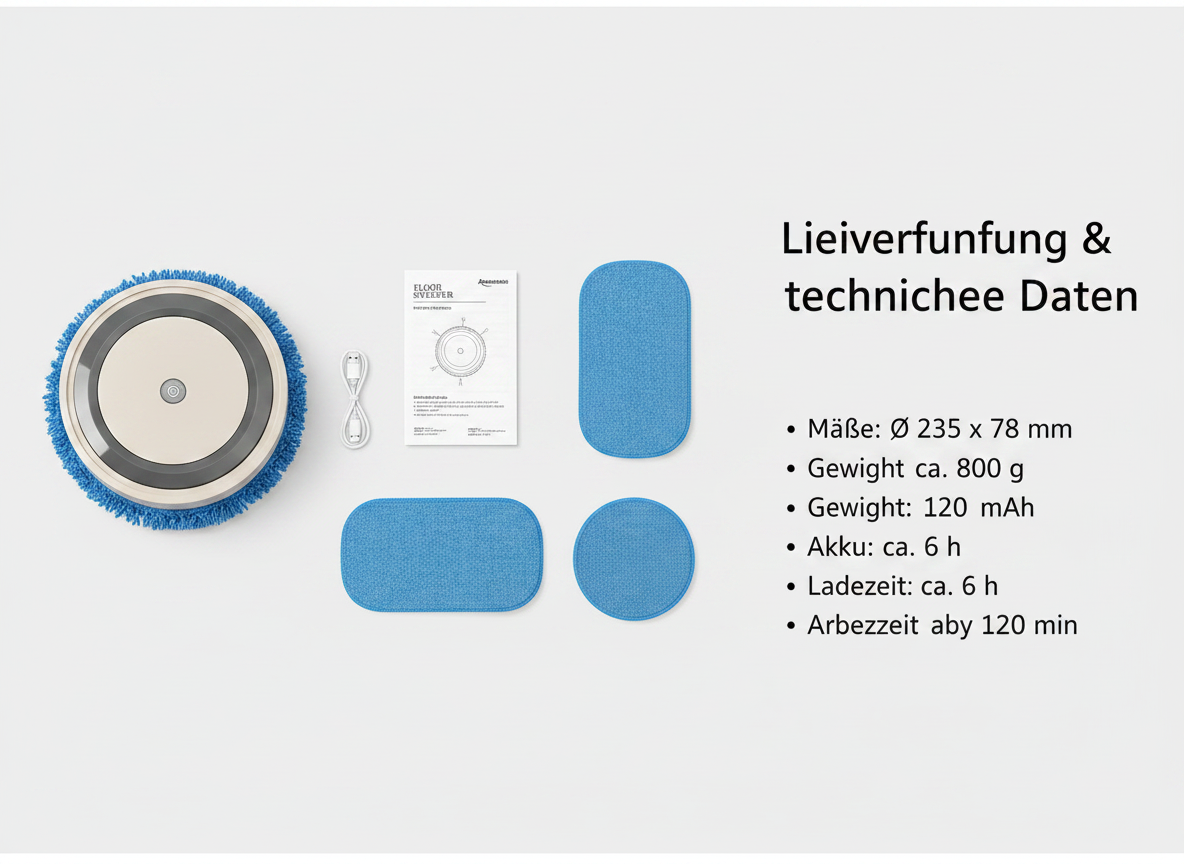 Ein Saugroboter, Zubehör und technische Daten auf weißem Hintergrund.