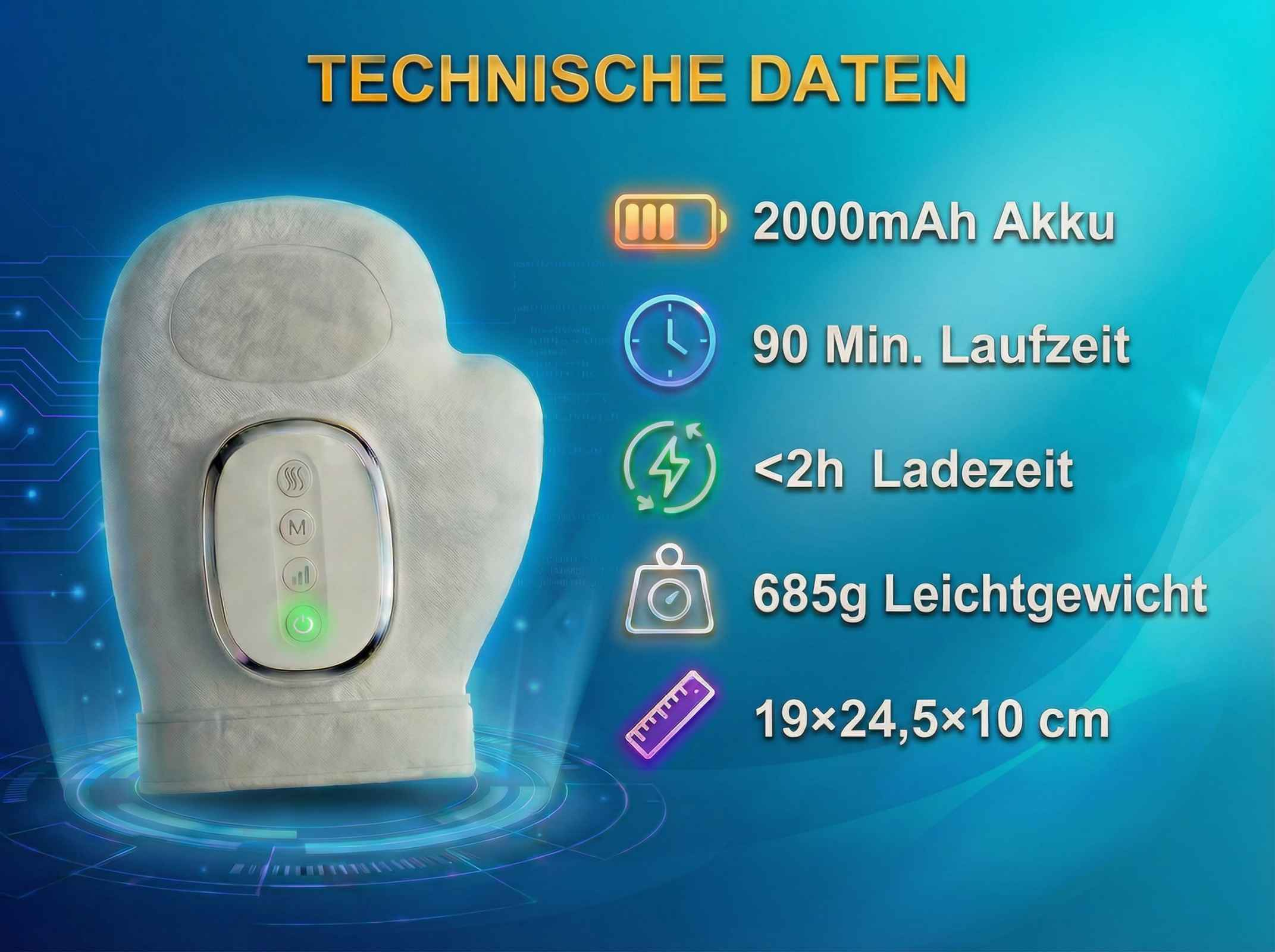 Datos técnicos de un masajeador de mano gris con batería de 2000mAh y 90 minutos de autonomía.