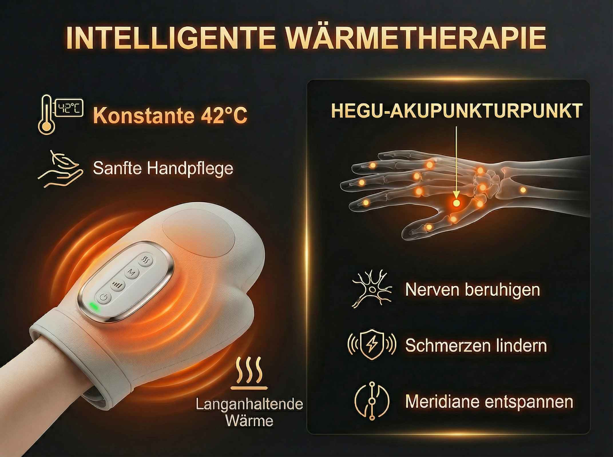 Un anuncio de terapia de calor inteligente que muestra un masajeador de manos con calor constante de 42C.