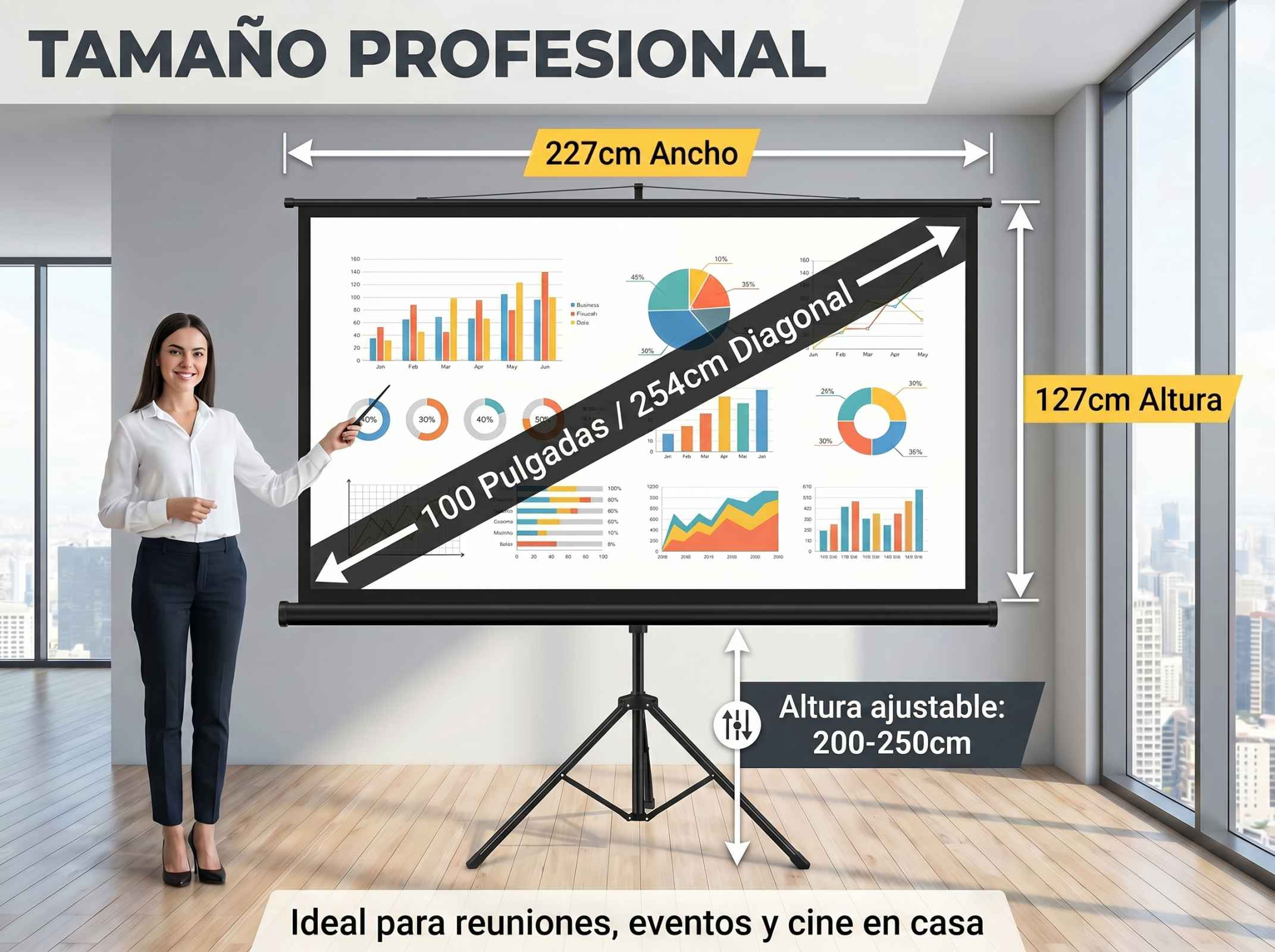 Una mujer señala una gran pantalla de proyección con gráficos y medidas.