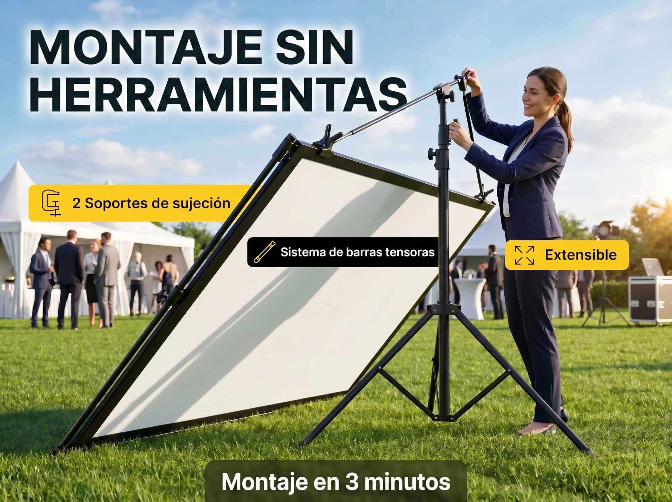 Una mujer con traje azul monta una pantalla de proyector portátil en un césped, con superposiciones de texto.