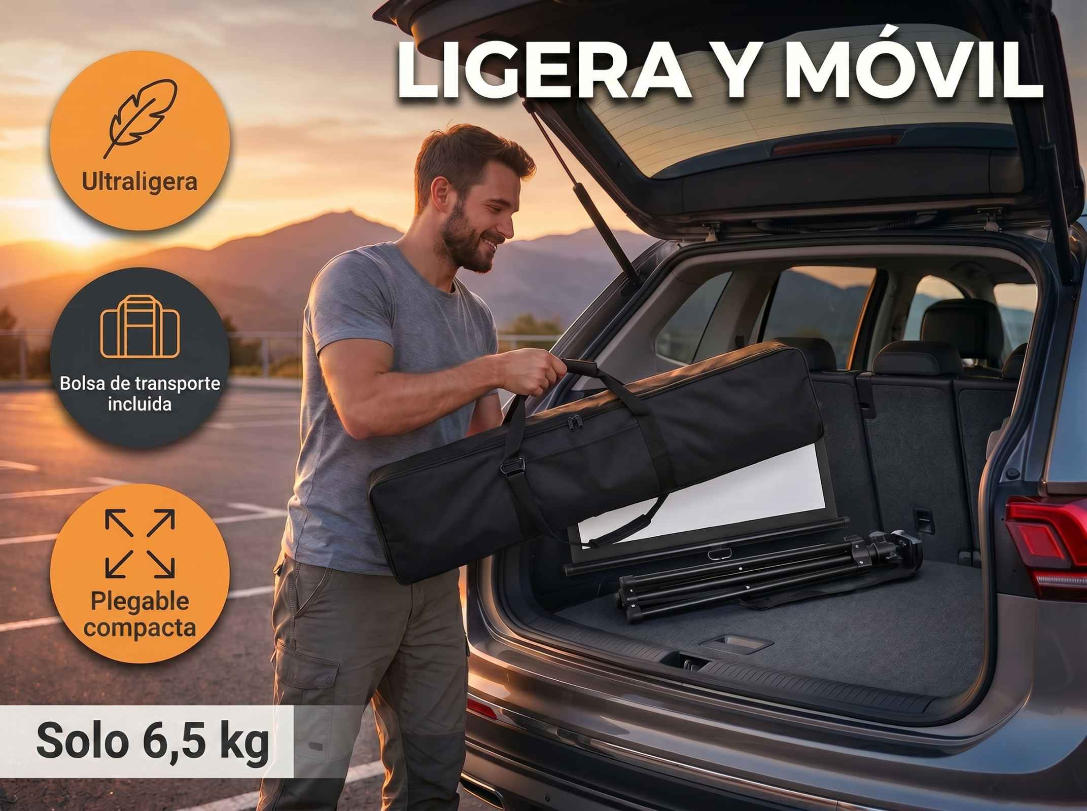 Un hombre carga una pantalla de proyección portátil en el maletero, con infografías y montañas.