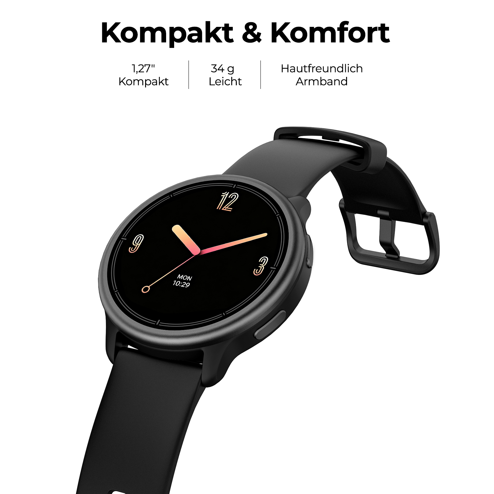 Schwarze Smartwatch mit rundem Zifferblatt und Silikonarmband vor weißem Hintergrund.