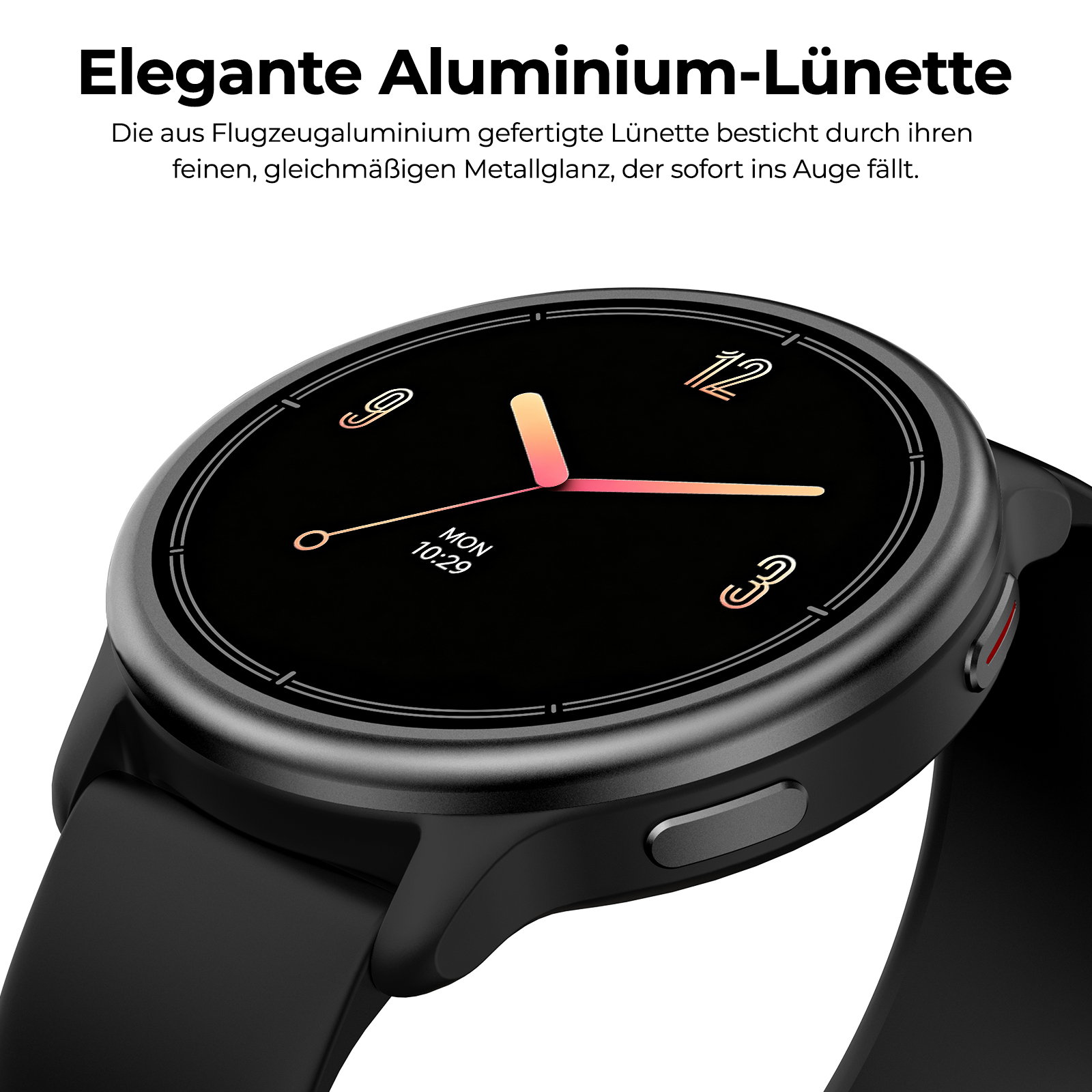 Eine schwarze Smartwatch mit runder Aluminium-Lünette, digitalem Zifferblatt und schwarzem Armband auf weißem Hintergrund.