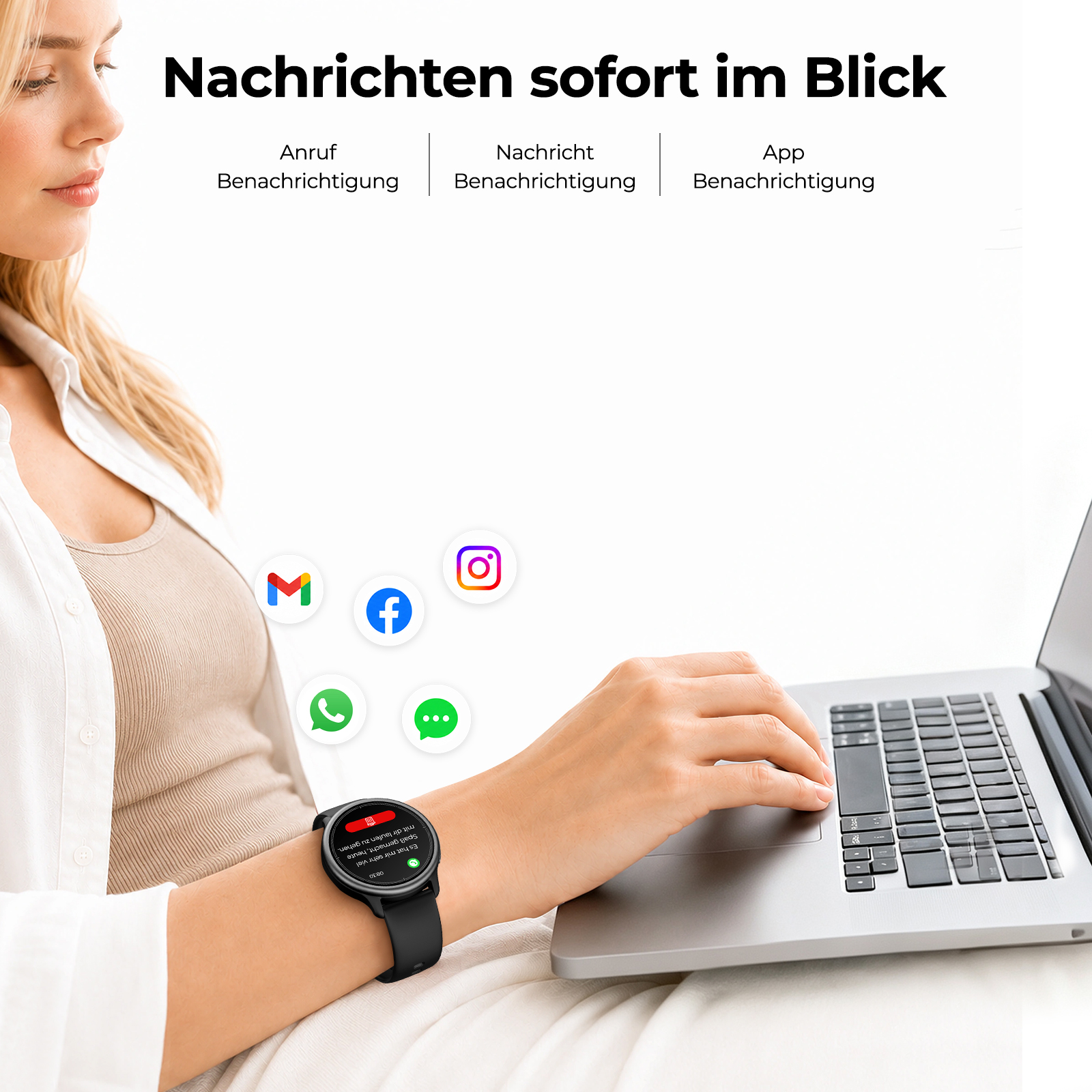 Eine Frau arbeitet am Laptop, während eine Smartwatch Benachrichtigungen und App-Symbole anzeigt.