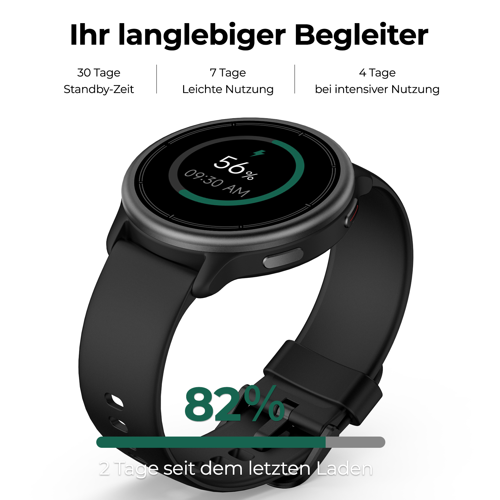Schwarze Smartwatch mit runden Display, Text über Akkulaufzeit und Statistiken.
