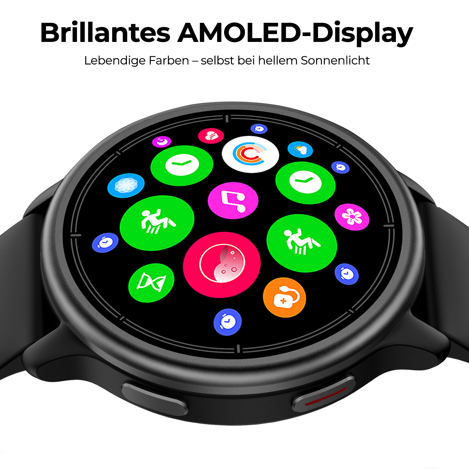 Eine schwarze Smartwatch mit rundem Amoled-Display zeigt bunte App-Symbole.
