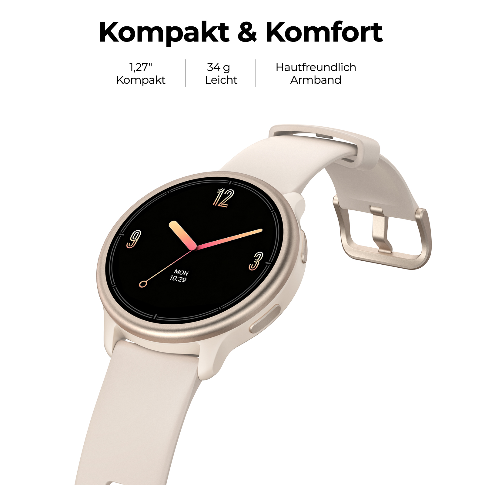 Eine kompakte, goldene Smartwatch mit beige-farbenem Armband und Textdetails oben.