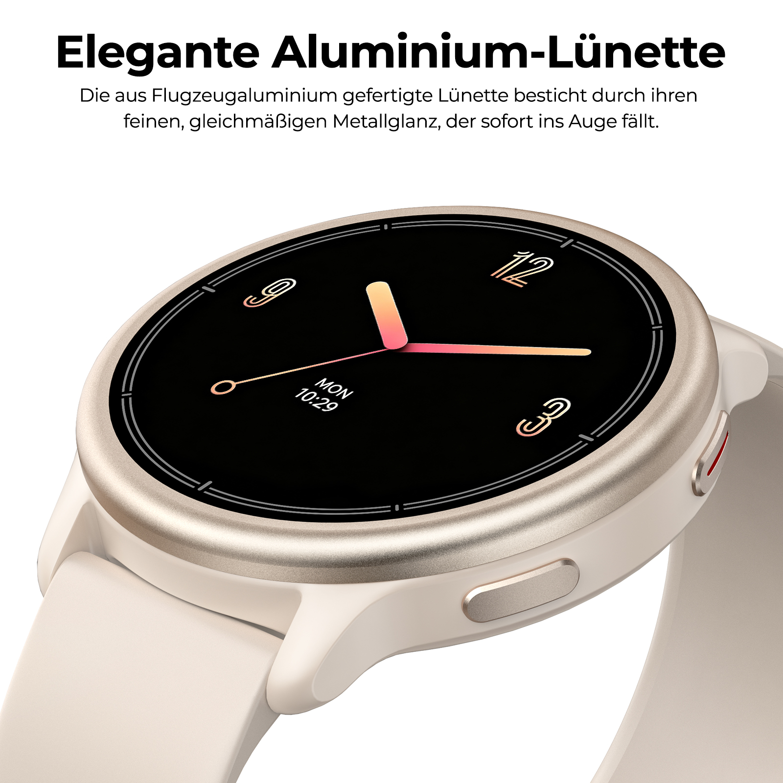Beige Smartwatch mit rundem Display, goldener Lünette und digitaler Anzeige von Uhrzeit und Wochentag.