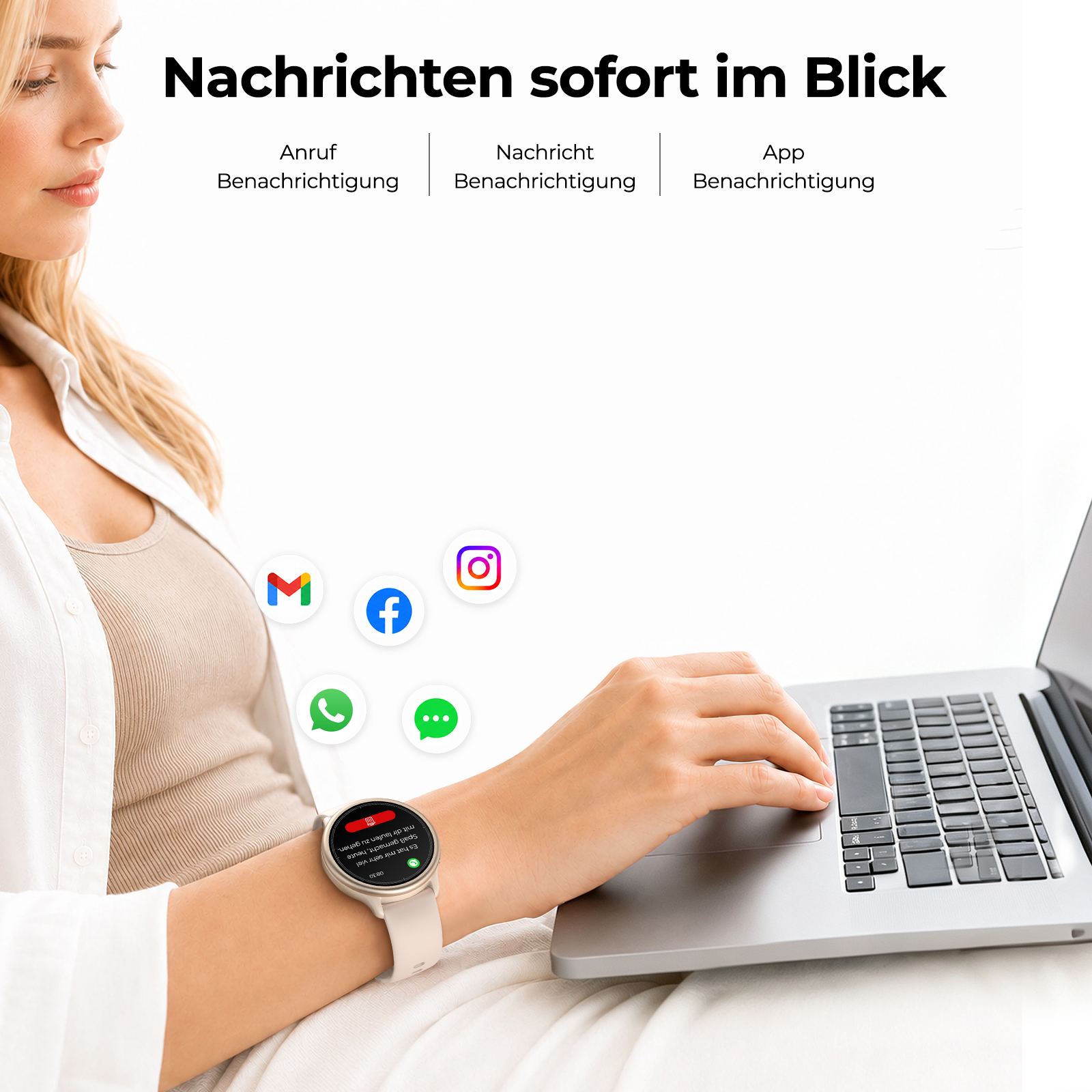 Eine Frau tippt am Laptop und trägt eine Smartwatch mit Benachrichtigungen und App-Icons.
