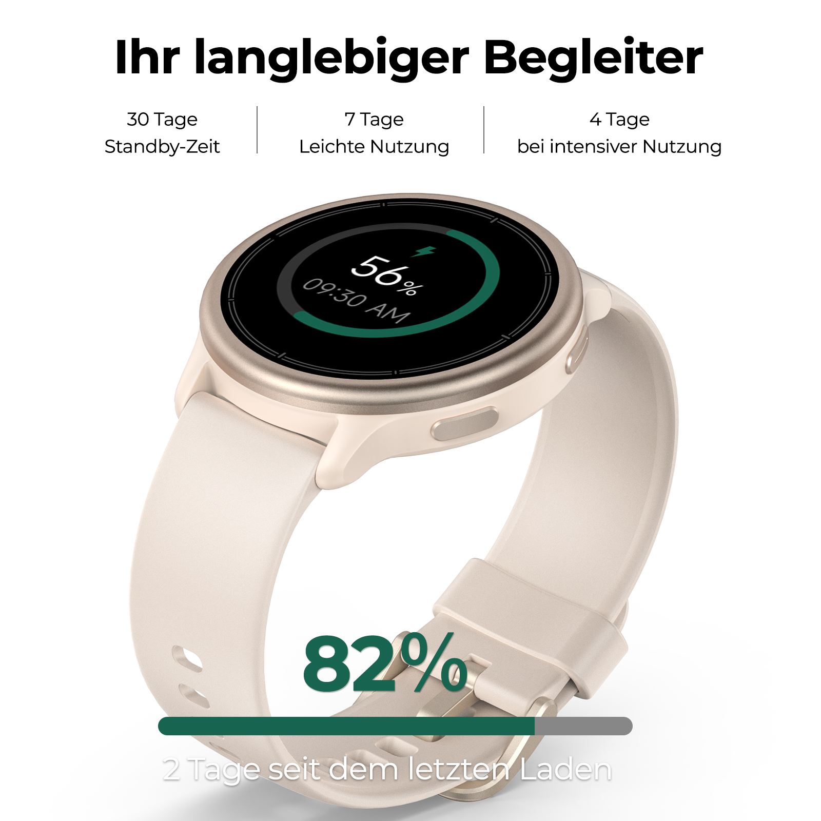 Eine beige Smartwatch mit rundem Display und Ladeanzeige vor weißem Hintergrund.
