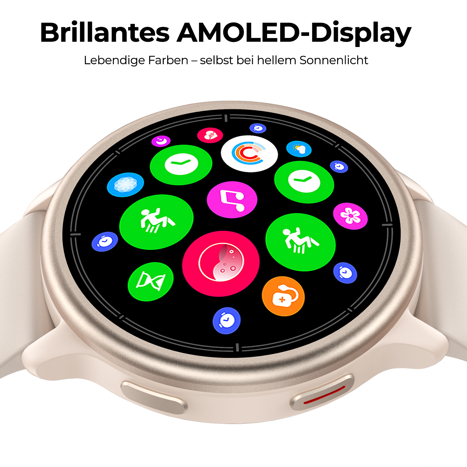 Goldfarbene Smartwatch mit hellem AMOLED-Display und bunten App-Symbolen.