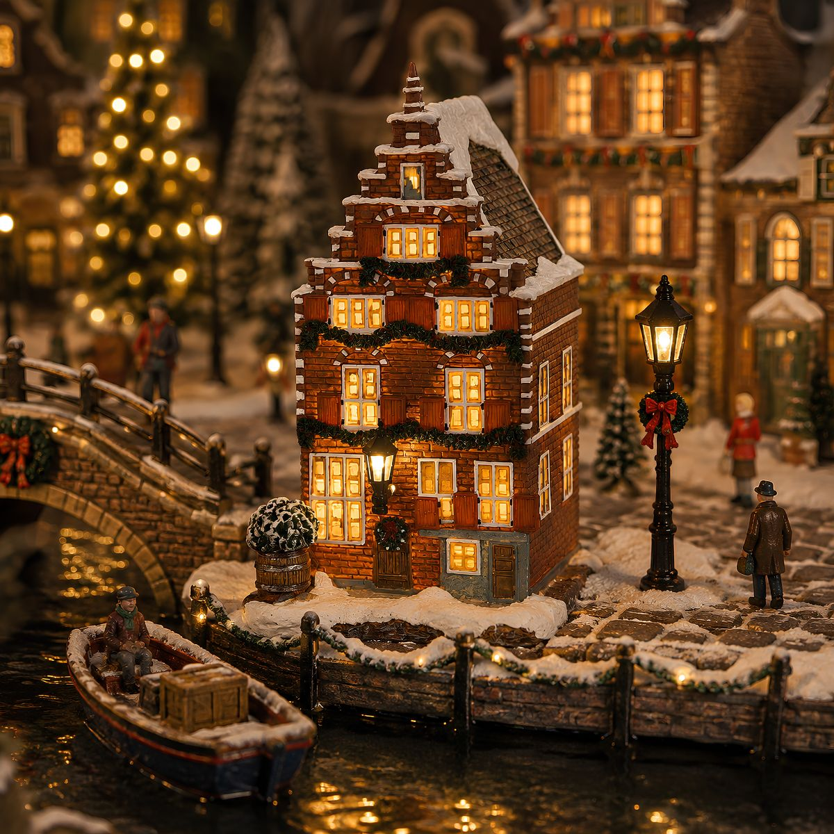 Een besneeuwd kerstdorp met verlichte gebouwen, een brug, een boot in het kanaal en kleine beeldjes.