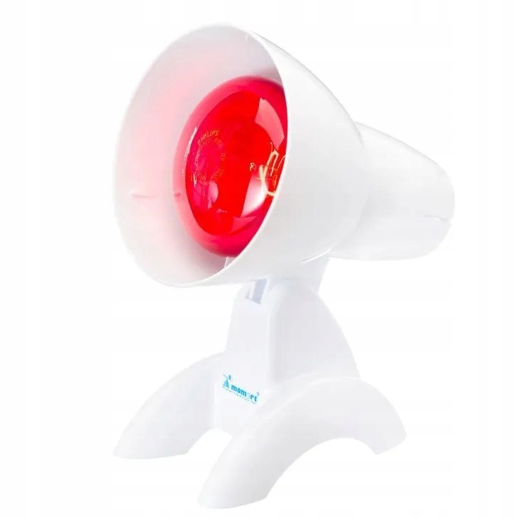 Biała lampa na podczerwień z czerwoną żarówką na białym stojaku na białym tle.