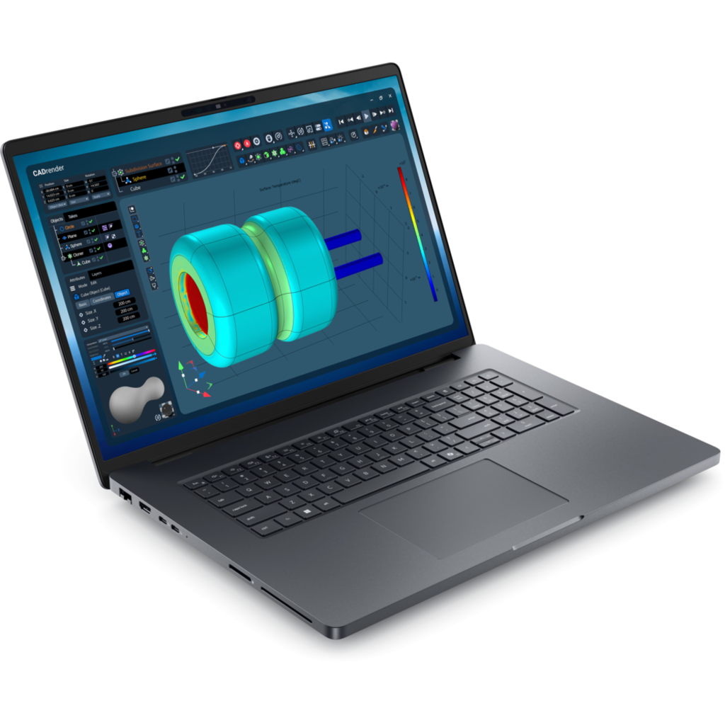 Gri bir dizüstü bilgisayar, ekranda turkuaz ve mavi tasarım modeliyle 3D CAD yazılımını gösterir.