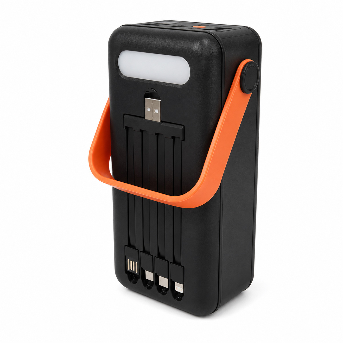 Batería externa negra con asa naranja y cables de carga integrados sobre fondo blanco.
